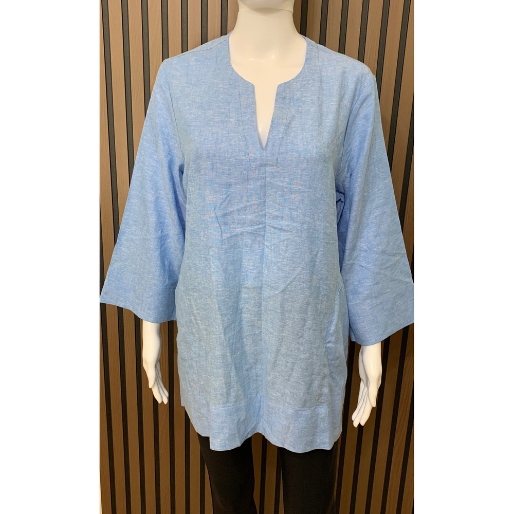Lands End Women's Blue Linen Blend Split Neck 3/4 Sleeve Tunic Top M Classic